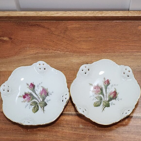 2 Rosenthal Germany Moss Rose Dish 4" pierced gold rim bowl nuts candy dipping f - Picture 1 of 12